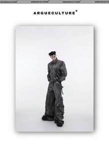 Conjunto de mezclilla para hombre chaqueta con cremallera y pantalones cargo de estilo retro vintage con bolsillos grandes efecto desgastado  urbana casual - Negro y gris [arriba] - Ver 5