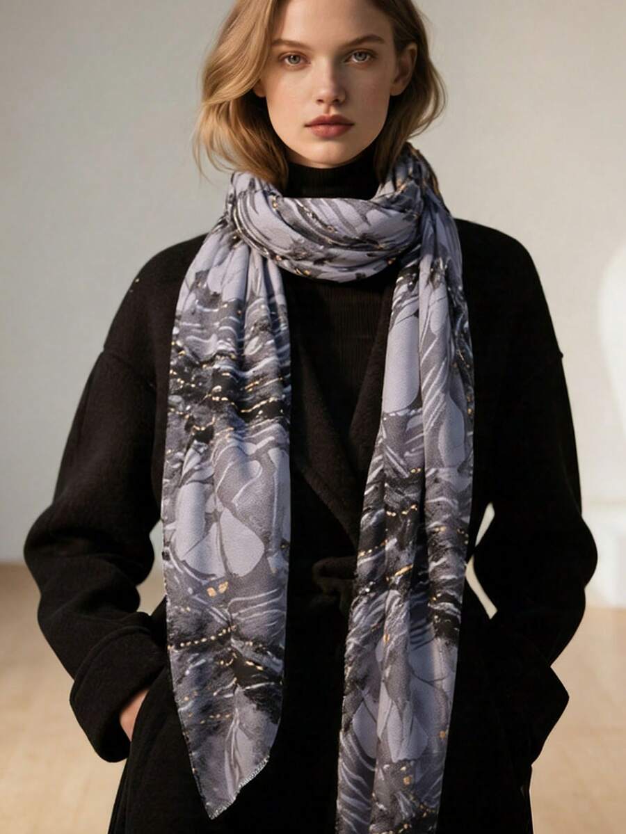 1条女士时尚优雅圆形流苏印花围巾，适合休闲、通勤、日常颈部围脖和披肩 - 彩色 - 查看 1