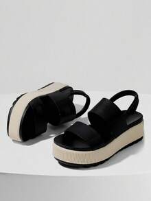 Elegant Open Toe Platform Sandals For Women Slip On Sandals Falt Black Heel Comfy Strapy Fall Dress Shoes Flip Flops Casual Slippers Vacation Walking Beach Outdoor Spring Summer New Fall Fashion Women - Blackwhite - View 3