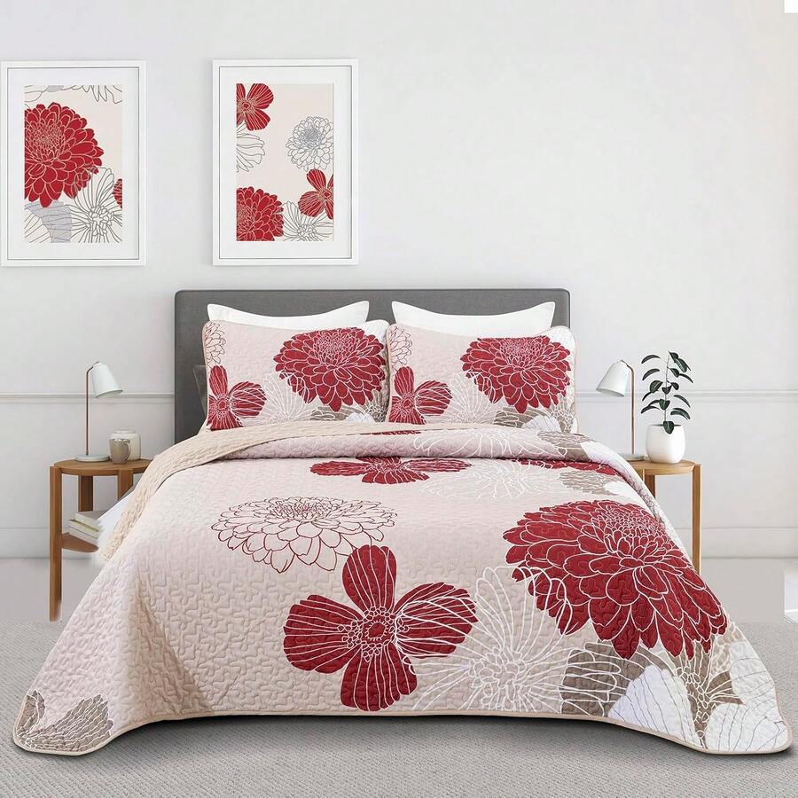 3 Pieces Floral Pattern Quilts Queen King Size Coverlet Set Lightweight Bedspread With 2 Pillowcases For All Season Soft Microfiber Reversible Bedding Quilt Set Home Bed Room Bedroom Decor Quilt Set, Gifts For Wedding/Christmas/Halloween/Housewarming - 棕色/海軍藍-0711 - 查看 1
