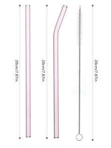 4/8 piezas Pajitas de vidrio rosa, resistentes al calor y la temperatura, lavables, reutilizables, adecuadas para bebidas de frutas, utensilios de cocina, regalos, vuelta al colegio, útiles escolares - Rosa - Ver 3