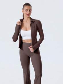 Women's Long Sleeve BBL Jacket With Pockets And Thumb Holes, Running Workout  Activewear Top - Espresso/Vàng - Xem 6