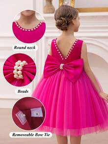 Vestido de Princesa Elegante com Laço de Pérolas para Menina Jovem, Adequado para Festa de Aniversário, Banquete, Dança, Casamento, Uso Diário, Comemoração de Feriados, Dama de Honra, Apresentação no Palco - Pink - Visão 3