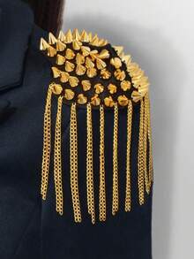 1pc Punk Style Gold Rivet Decor Epaulet, Detachable Tassel Chain Metal Shoulder Strap, Clothing Accessory - Gold - View 1