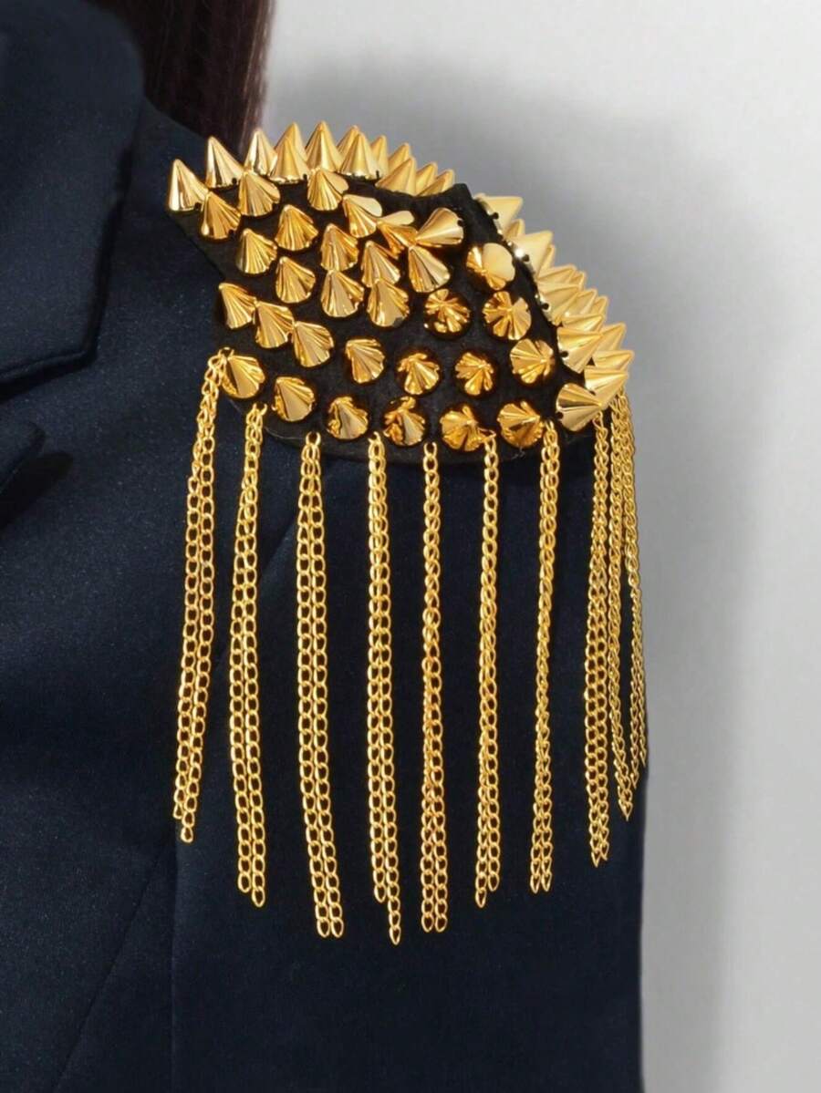 1pc Punk Style Gold Rivet Decor Epaulet, Detachable Tassel Chain Metal Shoulder Strap, Clothing Accessory - Gold - View 1