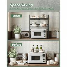 Expandable Microwave Shelf,3 Tier Microwave Stand With 8 Hooks,Air Fryer Shelf Stand,Microwave Oven Rack, Desktop Printer Shelf Rack, Bakers Rack,Kitchen Countertop Organiser Shelves - 3 Tier-black - View 3