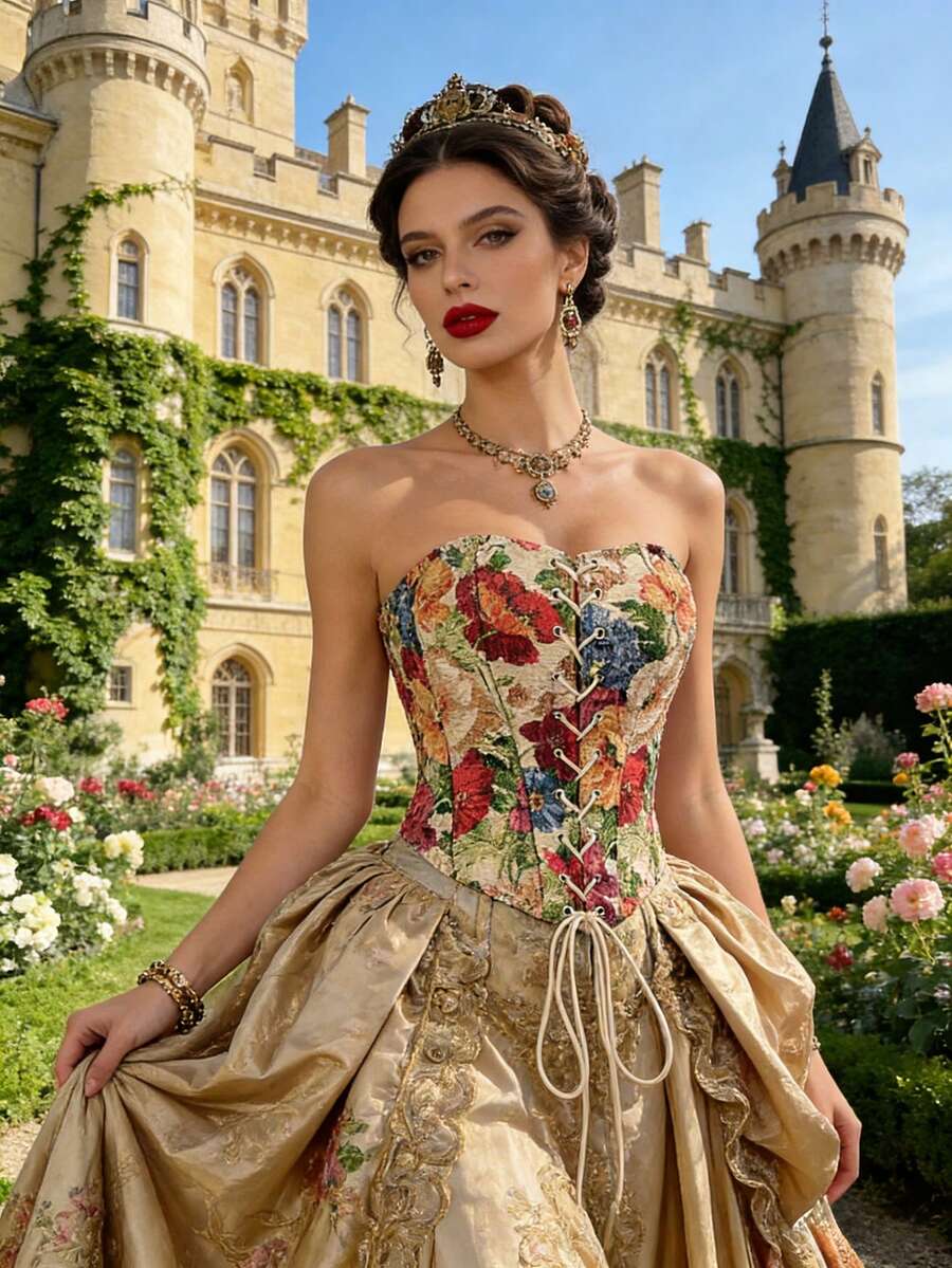 1件优雅复古性感系带艺术印花紧身胸衣，适合派对、感恩节、情人节等场合。 - 彩色 - 查看 1