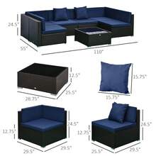 Outsunny Conjunto de 7 piezas de muebles de patio, conjunto de conversación para exteriores de ratán trenzado, juego de sofá seccional de ratán PE resistente a la intemperie con cojines y mesa de centro de vidrio templado, almohadas, azul oscuro - Azul - Ver 2