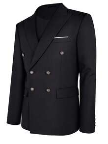 2pcs New Men's Suit Set, Notched Lapel Double-Breasted Design, Elegant & Comfortable Men's Blazer + Pants - Black - View 2