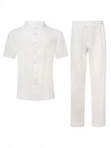 2pcs Men's Button-Down Shirt And Casual Pants Set, Suitable For Vacation, Beach, Casual Everyday Wear, Summer - Apricot - View 4