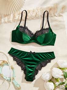 1套女士豹纹蕾丝无钢圈前扣文胸 - 綠色 - 查看 3