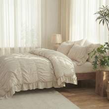 Ruffle Duvet Cover Set,Ruched Boho Bedding 3 Pieces Shabby Chic Luxury Wrinkle Ruffle Comforter Cover Set With 1 Duvet Cover Set,2 Pillowcases,Breathable And Soft Microfiber Quilt Cover Set For All Seasons - Màu be - Xem 3