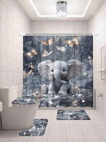 1件/4件装大象雨中主题浴帘，保暖防水，带12个挂钩，适用于房间、家庭、酒店，可机洗浴室帘 - 彩色 - 查看 16
