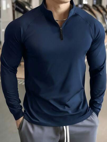 Men's Navy Blue Stand Collar Fitness Sweatshirt, Half-Zip Long Sleeve, Quick-Dry Breathable Slim Fit, Suitable For Cycling, Running, Gym Training
