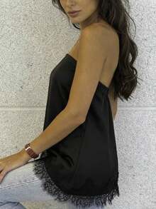 Women Lace Trim Satin Silk Strapless Tops Y2K  Asymmetrical Hem Tank Top Fashionable Minimalist Backless Solid Color Bandeau Shirt Summer Teen Girls Going Out Tops Club Streetwear Rave Outfit,Concert Outfit,Valentines Clothes,Beach Vacation Outfits - màu đen - Xem 2