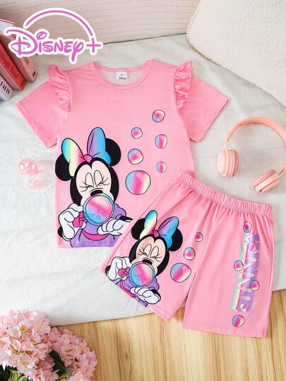 Disney 2pcs/Set Young Girls' Summer Cartoon Bubble Blowing Graphic T-Shirt And Elastic Waist Shorts, Colorful Bubble And Rainbow Decor, Soft Knit Fabric, Suitable For Daily Wear Or Outdoor