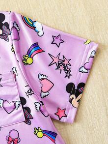Disney 少女梦幻元素翻领纽扣短袖衬衫+松紧腰长裤套装，夏季儿童舒适休闲装，适合日常穿着和居家穿着 - 紫色 - 查看 5