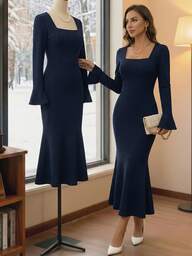 女性用ロングサマードレス、ファッショナブルな女性用ニットロング袖スクエアネックフィットマーメイドドレス、デイリー、ホリデー、バケーション、女性の誕生日、ウェディングゲストドレスなどのカジュアルアウトフィット