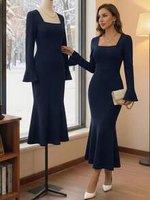 Elegante vestido de tubo de color liso con mangas de campana para uso diario - Azul Marino - Ver 2