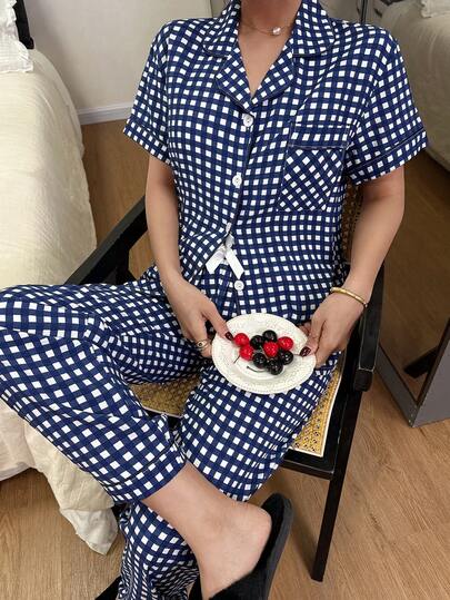  Dreamivo 2pcs Women Pajama Set, Blue & White Plaid Print Short Sleeve Baseball Collar Top And Long Pants, Ladies Sleepwear Loungewear For All Seasons