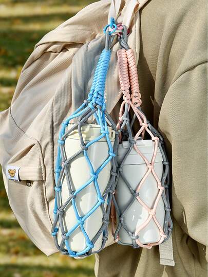 1 Pc Handmade Hollow Woven Net Bag Cup Holder, Buckle Hand-Held, For Cup, Water Bottles, Tumblers,Milk Tea Cup, Coffee Cup, Hand Woven Cup Holder On Bike, Suitable For Outdoor, Party, Wedding, Birthday, Gift,Cute Stuff