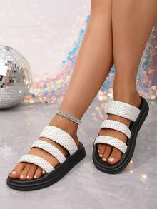 1 par de sandalias planas de verano para mujer con nuevos diseños versátiles y para exteriores, con rhinestones y suela suave - Beis - Ver 2