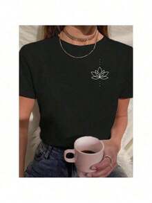 Women's Babylook T-Shirt 100% Cotton Lotus Flower Blouse Energy Meditation - 黑色 - 查看 3