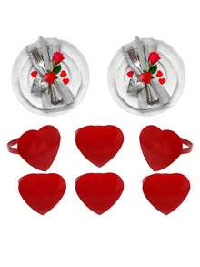 6pcs Valentine's Day Napkin Rings, Red Heart Shaped Decor, Tabletop Decor, Napkin Rings, Holiday Gift, Party Table Decoration, Red Napkin Rings. Wedding Napkin Ring Decor - Rose Red - View 4