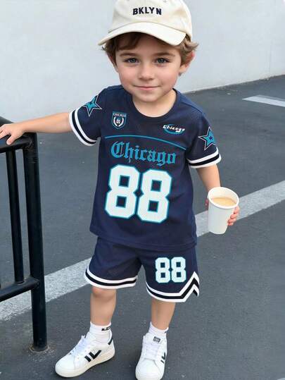 2pcs/Set Young Boys Numeric Print Short Sleeve Top And Shorts Set