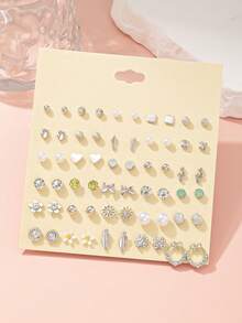 30颗精致小耳钉套装，闪亮花朵、蝴蝶结、音符设计，百搭组合，适合日常佩戴、约会、度假等场合。 - 銀色 - 查看 4