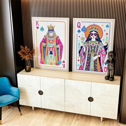 King & Queen Of Hearts Playing Card Poster Set Of 2, Y2K Retro Maximalist Wall Art, Funky Preppy Dorm Decor, Pop Art, Home Decor Living Room, Wall Decor, No Frame