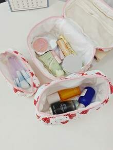 蝴蝶结装饰手提化妆包，女士必备旅行化妆包套装，轻巧大容量多功能收纳包，优雅精致可爱手拿包，多功能化妆工具收纳包，适合情人节、新年等各种场合，适合所有女性。 - 彩色 - 查看 4