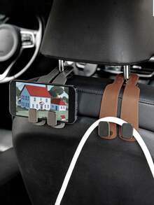 Durable Car Seat Back Hook, Rubber Leather & Zinc Alloy Double Hook, Hidden Mount Organizer For Bags Coats, Phone Holder Function