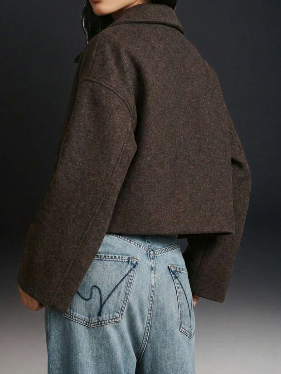 Manteau court de couleur unie à la mode, automne/hiver - Marron - Voir 1