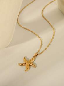 1 件时尚 18K 金不锈钢海洋系列海星吊坠项链，适合男女、情侣、日常、度假、派对、音乐节装饰和礼物 - 金色 - 查看 5