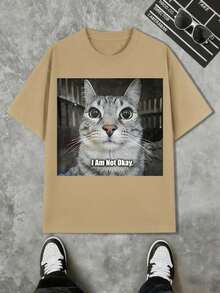 I'm Not Good At Funny Cat Fan Men's And Women's Shirts,Black, White, Khaki, Navy Blue, Four Colors To Choose From, Comfortable Fit, Men's T-Shirt, Casual Minimalist Pattern Printed Short Sleeved Round Neck T-Shirt - 卡其色 - 查看 1
