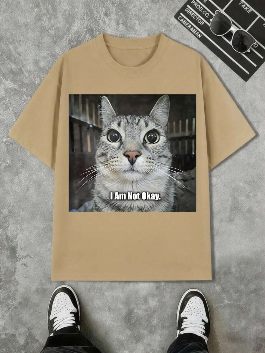 I'm Not Good At Funny Cat Fan Men's And Women's Shirts,Black, White, Khaki, Navy Blue, Four Colors To Choose From, Comfortable Fit, Men's T-Shirt, Casual Minimalist Pattern Printed Short Sleeved Round Neck T-Shirt - 卡其色 - 查看 1