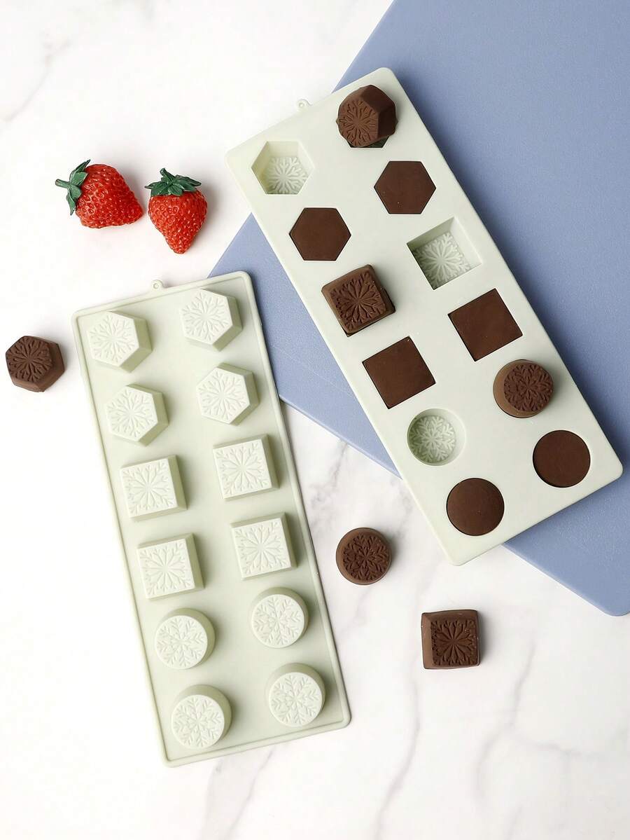 1pc Silicone Chocolate Mold, 12-Cavity Snowflake Design, Square, Round, Hexagon Shapes, Easy Release, , Home & Commercial Baking Tool, DIY Candy Making - Multicolor - View 1