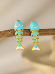 2pcs 3D Movable Fish Earrings, 18K Gold Plated Fish Pendant Earrings, Colorful Interlocking Fish Jewelry, Unique Pisces Fish Shaped Earrings, Gift For Ocean Lovers, Suitable For Daily, Holiday, Date, Party Wear - Multicolor - View 6