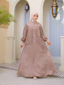 端庄女士灰褐色缀饰长款伊斯兰正式长袖连衣裙 - 香檳色 - 查看 6