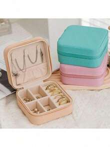 Mini And Portable! Solid Color PU Leather Jewelry Box, Very Convenient For Travel Storage Of Necklaces, Rings And Earrings, Dust-Proof Design To Protect Exquisite Accessories - White - View 6