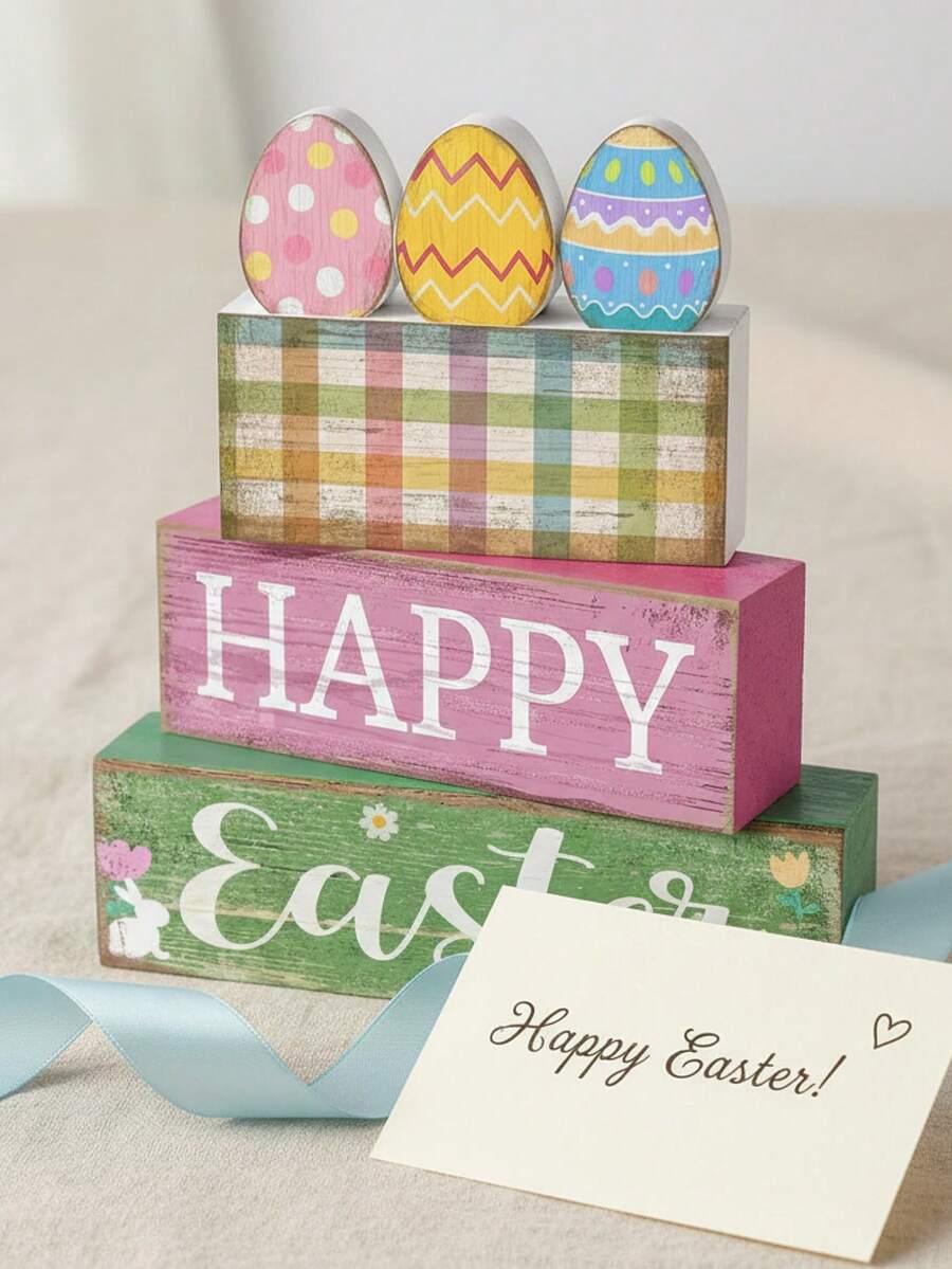 3pcs Of A Set | Rustic Wooden Easter Signs Stackable Blocks Decor , Easter Tiered Tray Decor Set ,Center Pieces For Table,Suitable For Easter Bunny, Easter Decoration, Party Supplies,Easter Party Supplies, Easter Holiday Birthday Party Favors, Party Gifts, Easter Gifts, Home Decor, Kitchen And - Multicolor - View 1