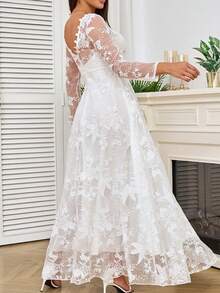 Long Sleeve Shoulder Bridal Wedding Dress Dress Long Dress - 白色 - 查看 2