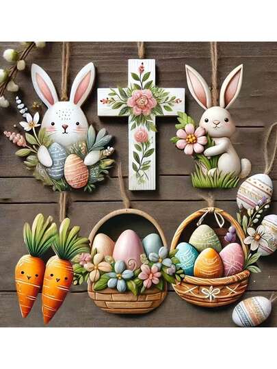 12pcs/Set Cute Easter Bunny & Cross Wooden Hanging Ornaments, Decorated With Floral Patterns, Easter Eggs, Carrots And Rabbit Designs, Ideal For Spring Theme Parties, Rabbit Theme Party Favors, Home Decor, Classroom And Garden Decorations, As Well As Gifts For Spring, Easter And Other Celebrations