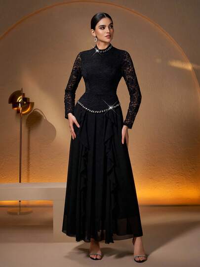 优雅高端时尚仿蕾丝拼接立领珍珠水钻装饰正式礼服，纯色拉链褶皱荷叶边下摆婚纱