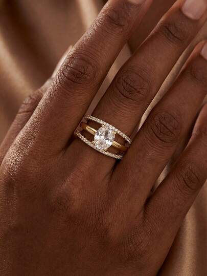 3 piezas Anillos con incrustaciones de circonita de 4 garras con forma ovalada, anillo individual de plata esterlina 925, joyería elegante, regalo de cumpleaños/fiesta para mujeres