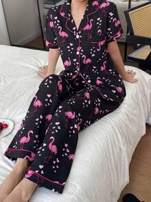 Dreamivo 情人节女士火烈鸟印花短袖上衣和蝴蝶结长裤睡衣套装，2件套，女士家居睡衣，适合所有季节 - 黑色 - 查看 5
