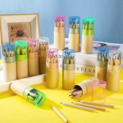 12pcs/Set Creative Mini Bucket Colored Pencils, 4 Different Color Caps With Built-In Sharpeners, Suitable For Students, Drawing, Back To School Gifts