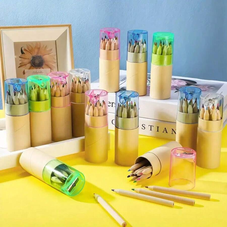 12pcs Creative Mini Bucket Colored Pencils, 4 Different Cap Colors, Built-In Pencil Sharpener On Caps, 12 Different Colored Pencils Per Bucket, Suitable For Student Drawing And Description, Back To School Prize Gift - Round - View 1