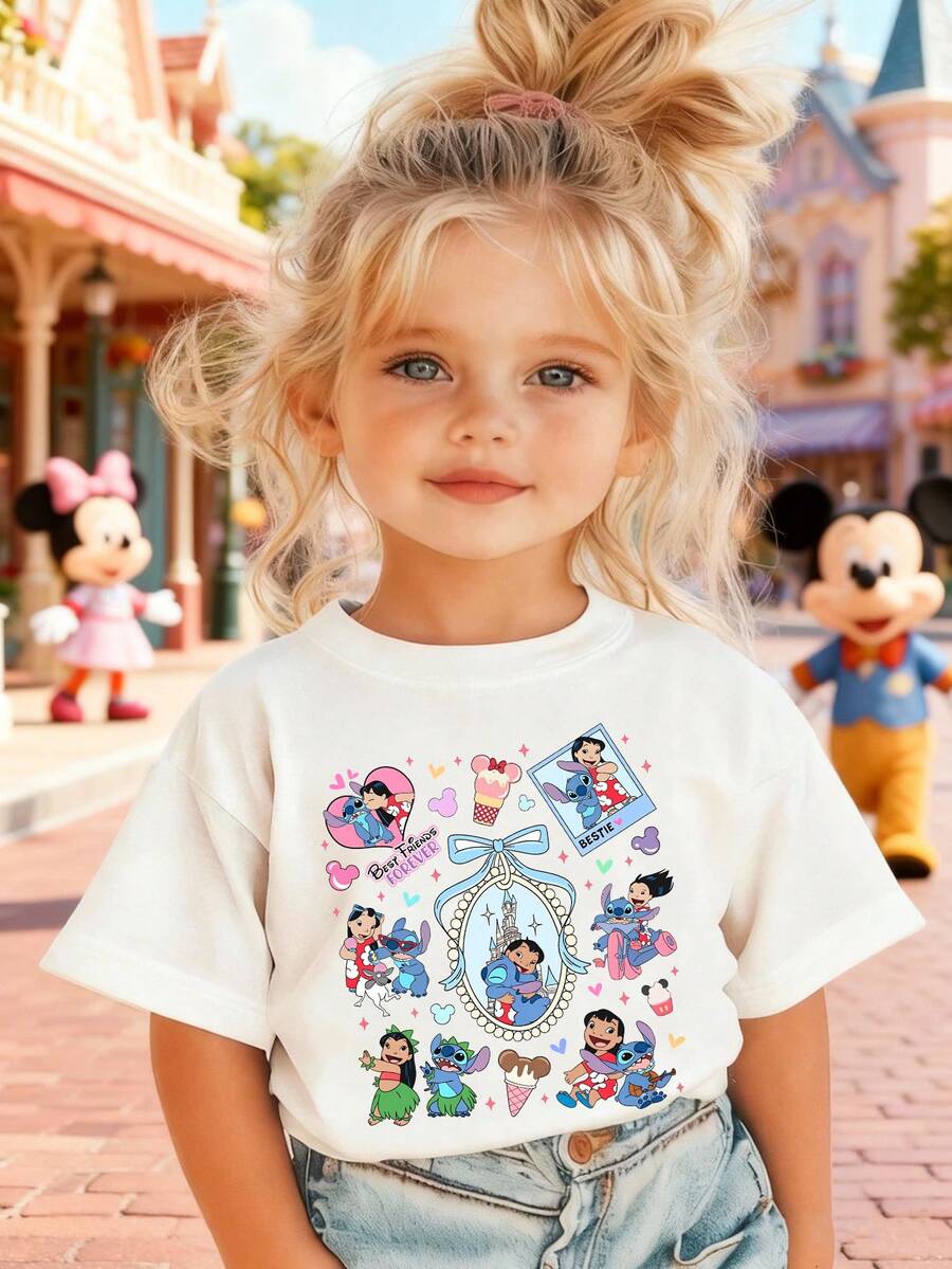 Disney Girls' T-Shirt, Featuring Creative Stitch And Lilo Cartoon Prints. Summer Cotton Crew-Neck Short-Sleeve Tee For Girls, Perfect For Everyday Wear, Vacations, Outdoor Activities, And As A Gift For Children. - 白色 - 查看 1